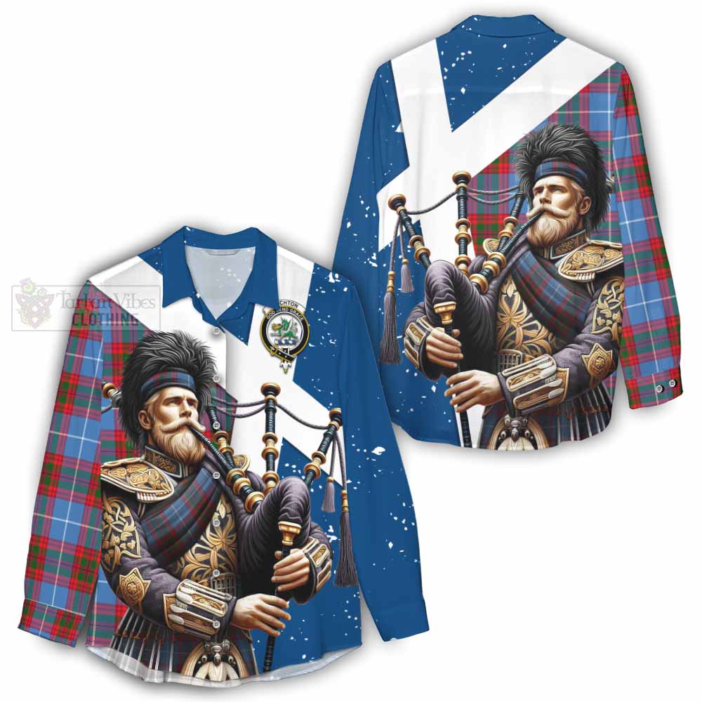 Tartan Vibes Clothing Crichton (Crighton) Tartan Women's Casual Shirt with Family Crest Scottish Bagpiper Vibes