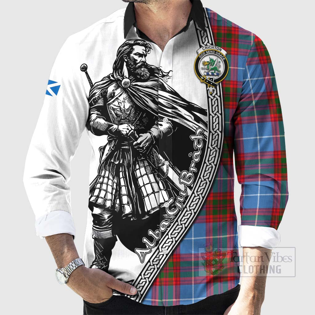 Tartan Vibes Clothing Crichton (Crighton) Tartan Clan Crest Long Sleeve Button Shirt with Highlander Warrior Celtic Style