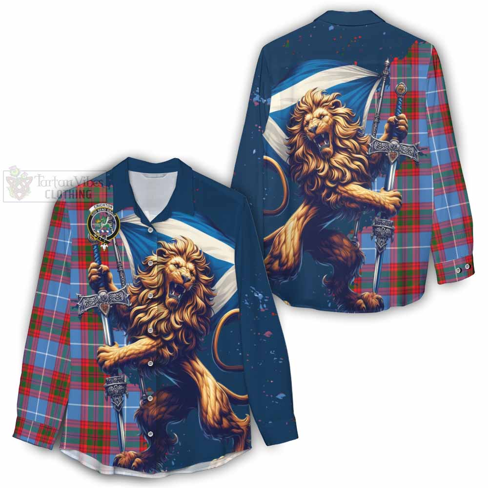 Tartan Vibes Clothing Crichton (Crighton) Tartan Family Crest Women's Casual Shirt with Scottish Majestic Lion