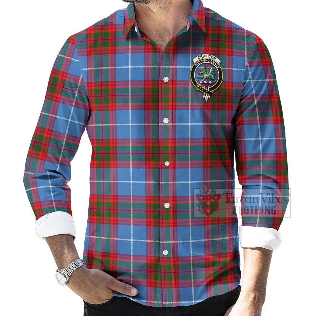 Tartan Vibes Clothing Crichton (Crighton) Tartan Long Sleeve Button Shirt with Family Crest Celtic Skull Style