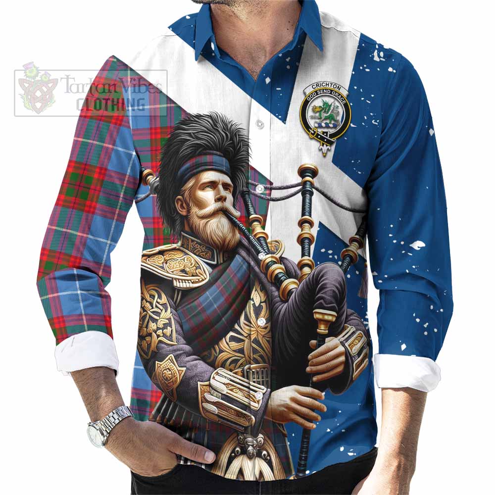 Tartan Vibes Clothing Crichton (Crighton) Tartan Long Sleeve Button Shirt with Family Crest Scottish Bagpiper Vibes