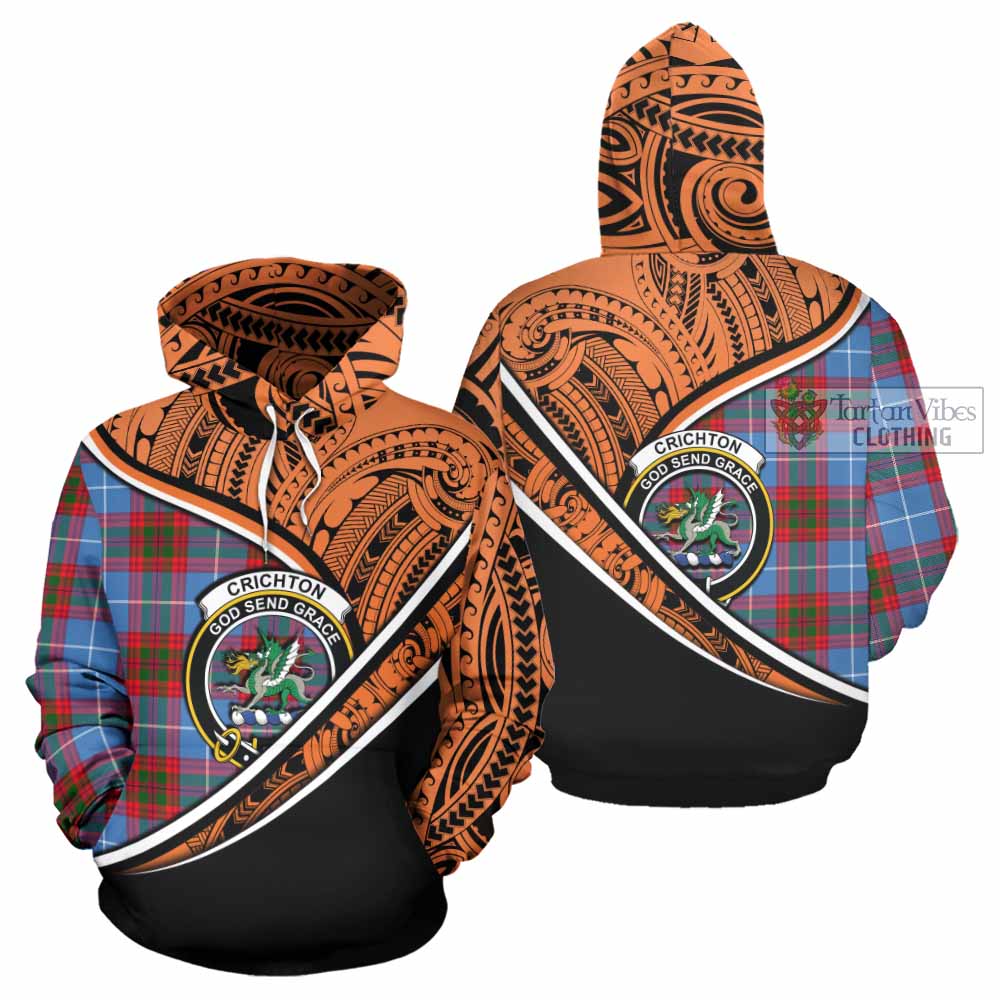 Tartan Vibes Clothing Crichton (Crighton) Crest Tartan Hoodie with Maori Tattoo Style - Orange Version