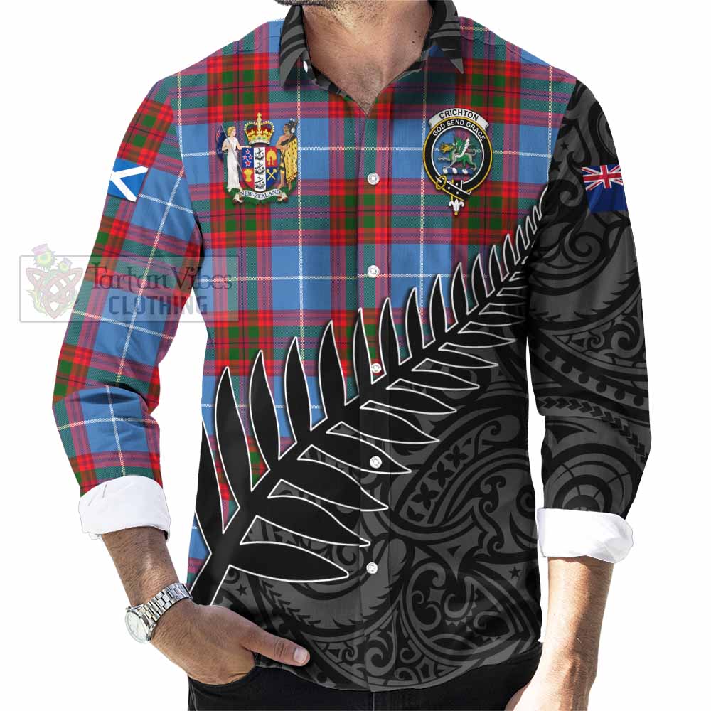 Tartan Vibes Clothing Crichton (Crighton) Crest Tartan Long Sleeve Button Shirt with New Zealand Silver Fern Half Style