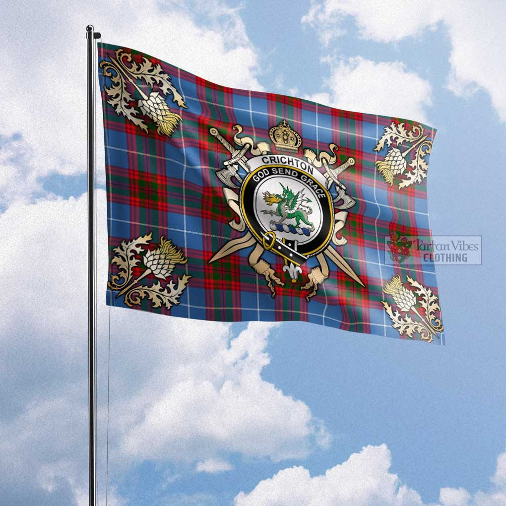 Tartan Vibes Clothing Crichton (Crighton) Tartan Flag with Family Crest and Golden Thistle Crossed Sword Design