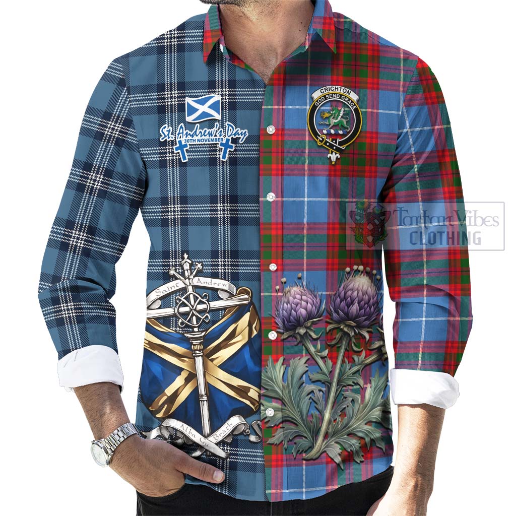 Tartan Vibes Clothing Crichton (Crighton) Tartan Long Sleeve Button Shirt Happy St. Andrew's Day Half Tartan Style