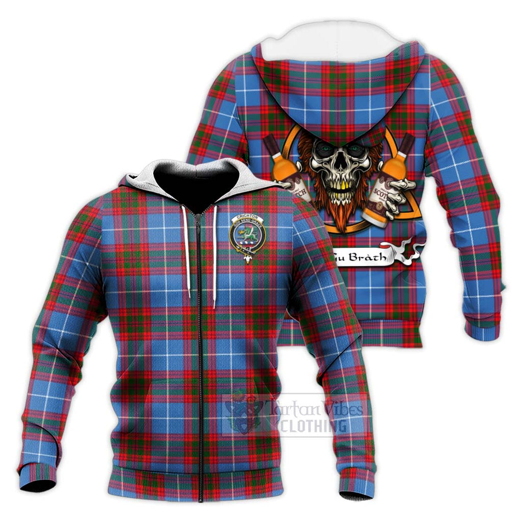 Tartan Vibes Clothing Crichton (Crighton) Tartan Knitted Hoodie with Family Crest and Bearded Skull Holding Bottles of Whiskey