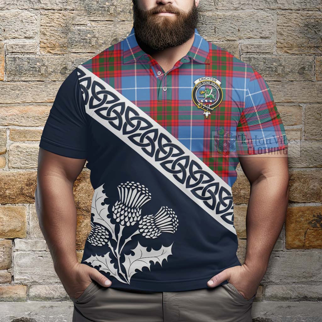 Crichton (Crighton) Tartan Polo Shirt Featuring Thistle and Scotland Map