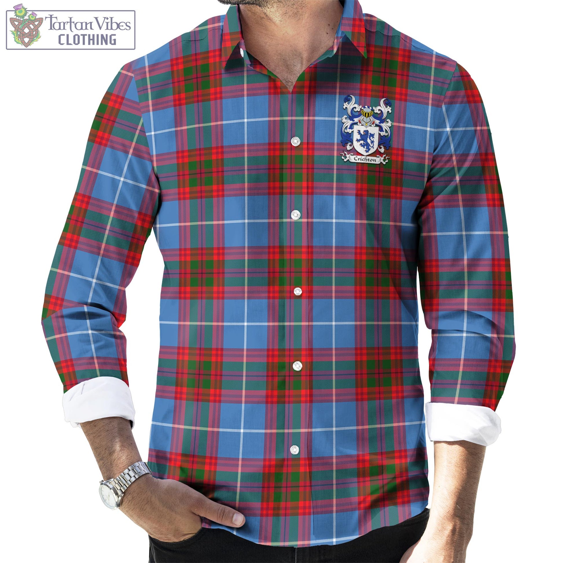 Tartan Vibes Clothing Crichton Tartan Long Sleeve Button Up Shirt  with Coat of Arms