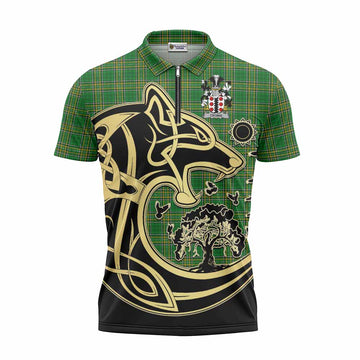 Cromie Irish Tartan Zipper Polo Shirt with Coat of Arms Celtic Wolf Style