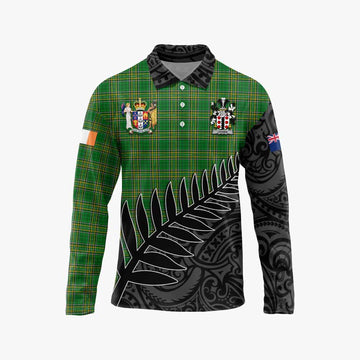 Cromie Irish Clan Tartan Long Sleeve Polo Shirt with Coat of Arms New Zealand Silver Fern Half Style