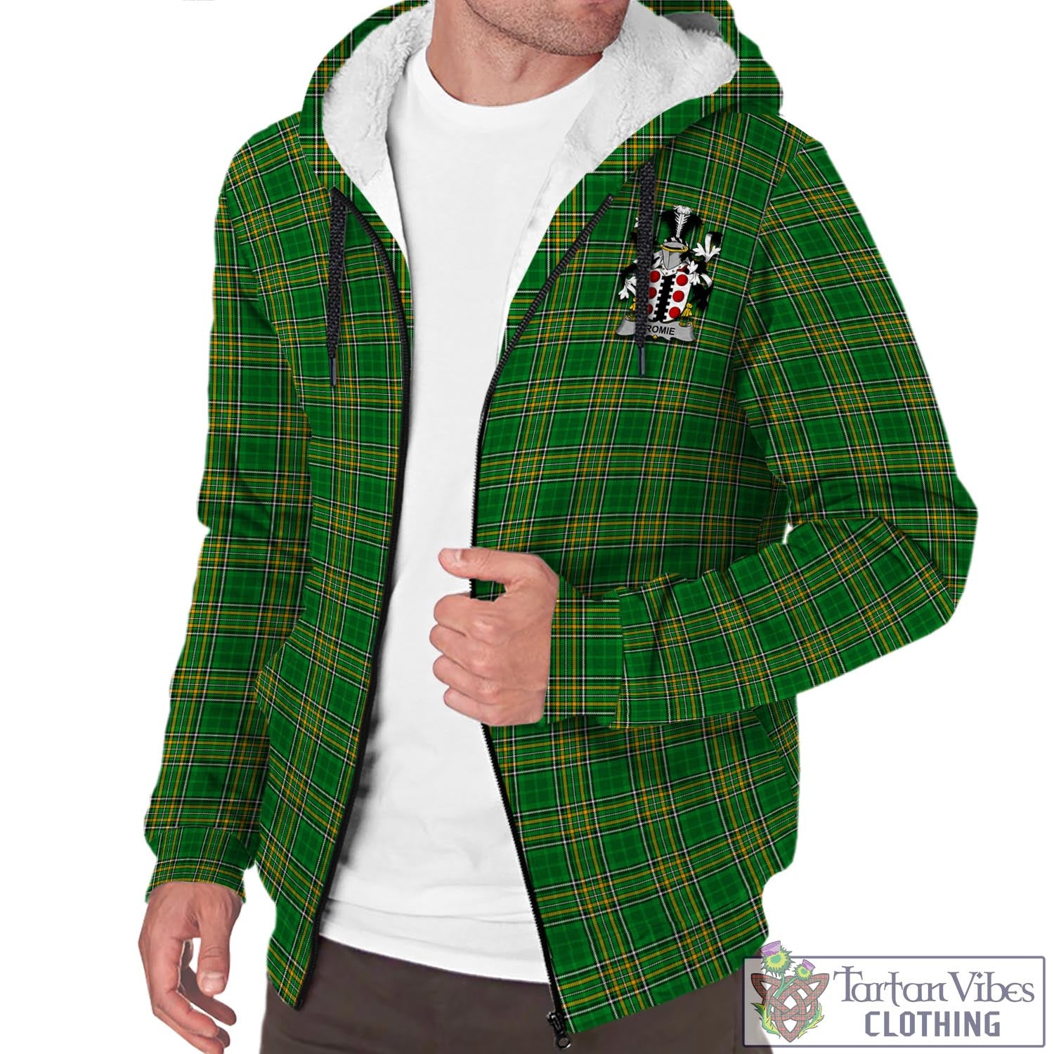 Tartan Vibes Clothing Cromie Ireland Clan Tartan Sherpa Hoodie with Coat of Arms