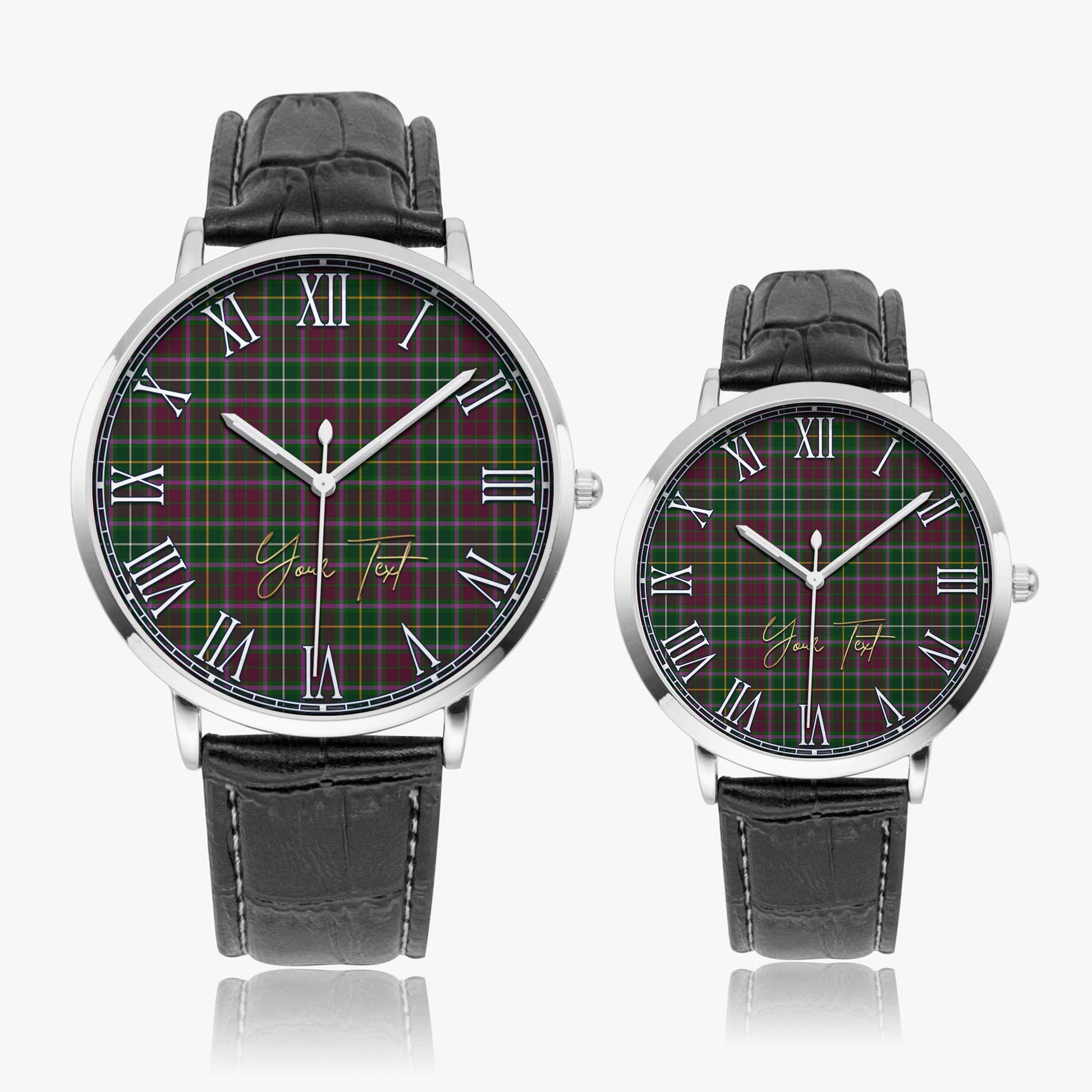 Crosbie Tartan Personalized Your Text Leather Trap Quartz Watch Ultra Thin Silver Case With Black Leather Strap - Tartanvibesclothing