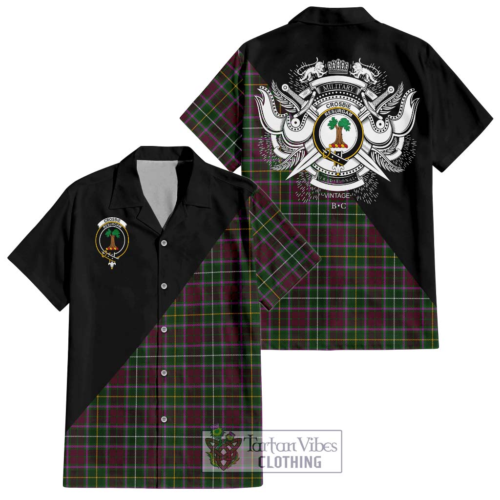 Tartan Vibes Clothing Crosbie Tartan Short Sleeve Button Shirt with Family Crest and Military Logo Style