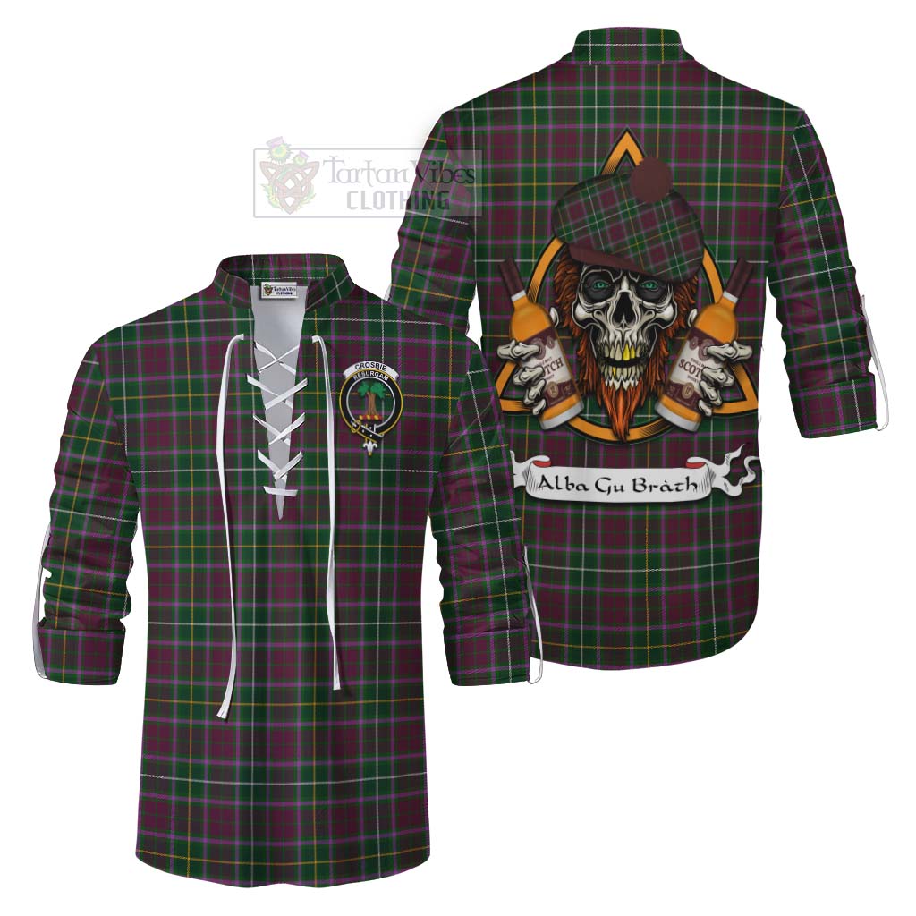 Tartan Vibes Clothing Crosbie Tartan Ghillie Kilt Shirt with Family Crest and Bearded Skull Holding Bottles of Whiskey