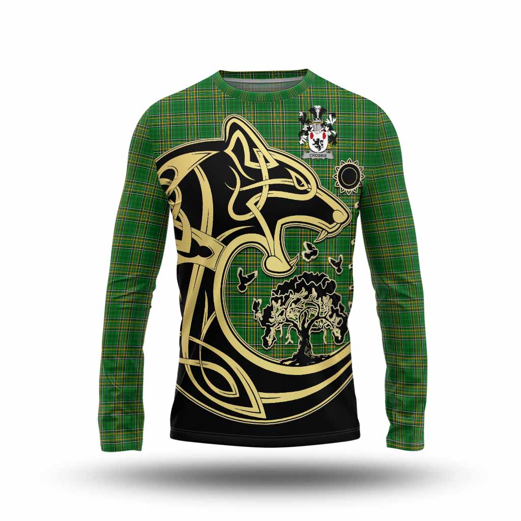 Tartan Vibes Clothing Crosbie Irish Tartan Long Sleeve T-Shirt with Coat of Arms Celtic Wolf Style