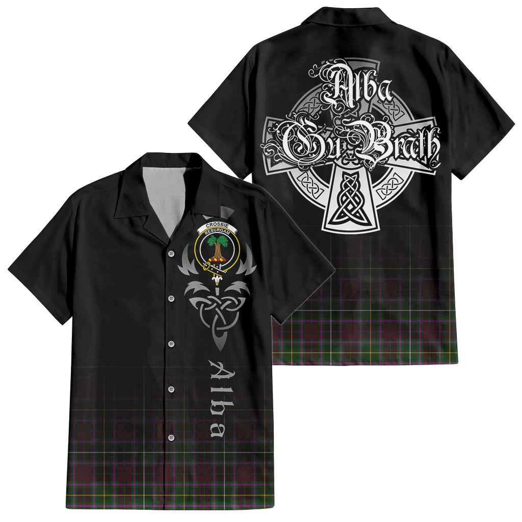 Tartan Vibes Clothing Crosbie Tartan Short Sleeve Button Up Featuring Alba Gu Brath Family Crest Celtic Inspired