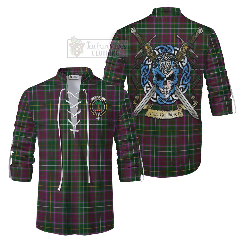 Tartan Vibes Clothing Crosbie Tartan Ghillie Kilt Shirt with Family Crest Celtic Skull Style