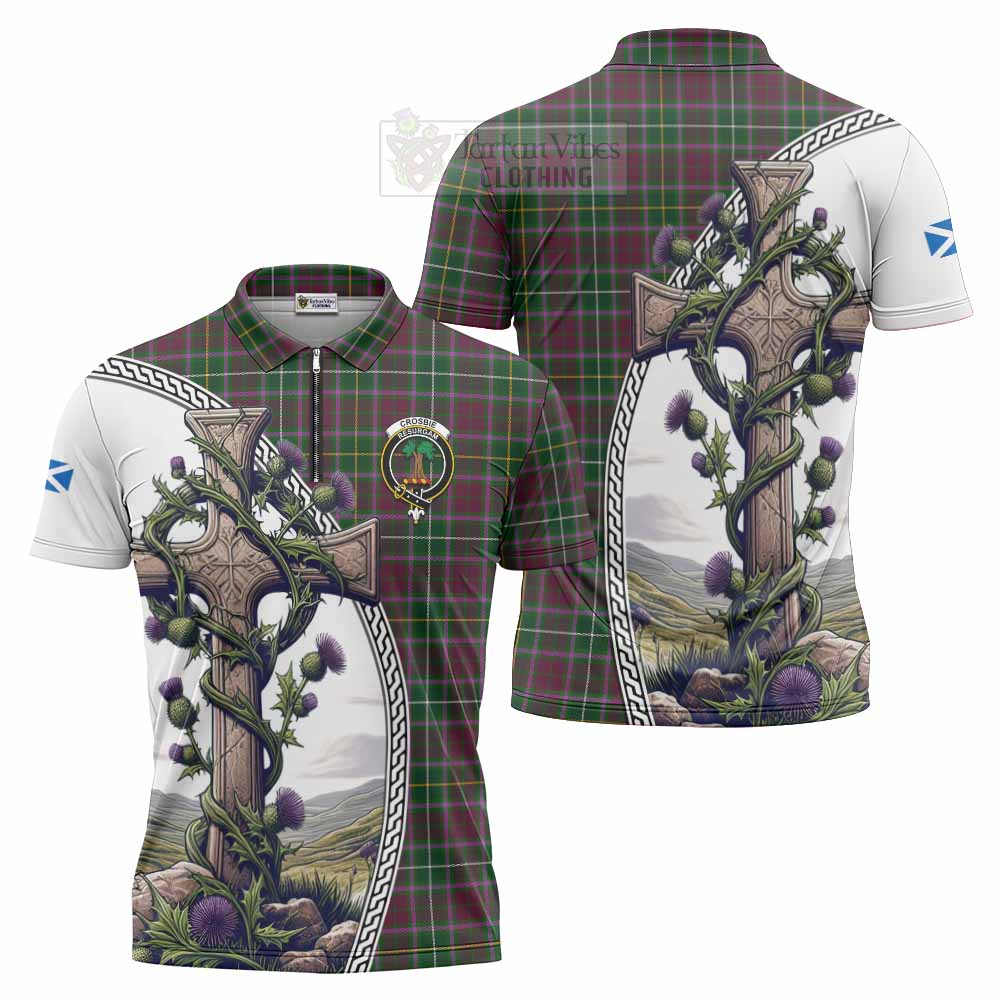 Tartan Vibes Clothing Crosbie Tartan Zipper Polo Shirt with Family Crest and St. Andrew's Cross Accented by Thistle Vines