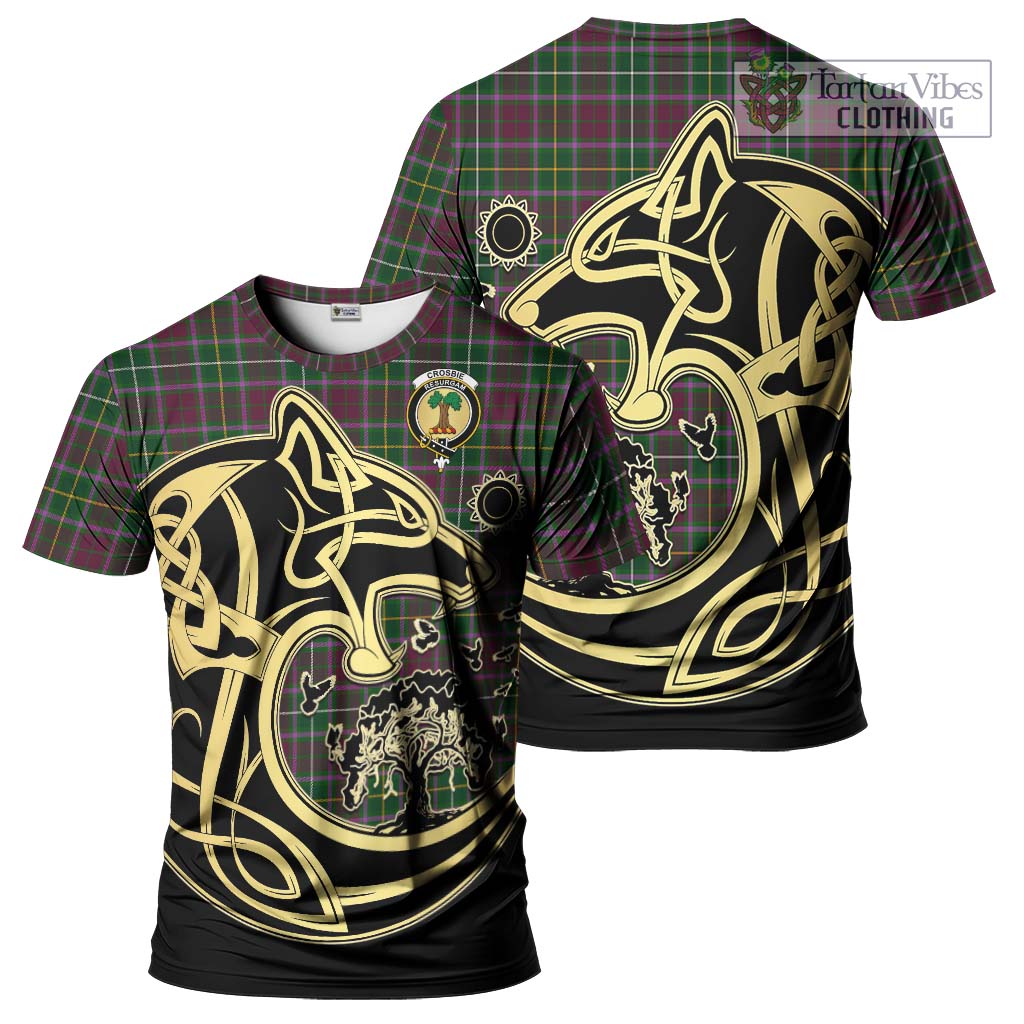 Tartan Vibes Clothing Crosbie Tartan T-Shirt with Family Crest Celtic Wolf Style