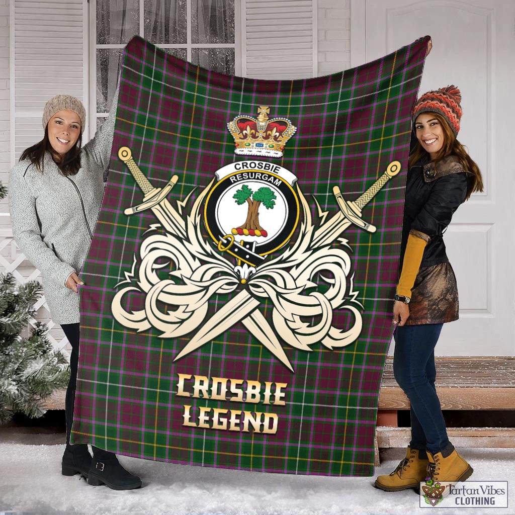 Tartan Vibes Clothing Crosbie Tartan Blanket with Clan Crest and the Golden Sword of Courageous Legacy