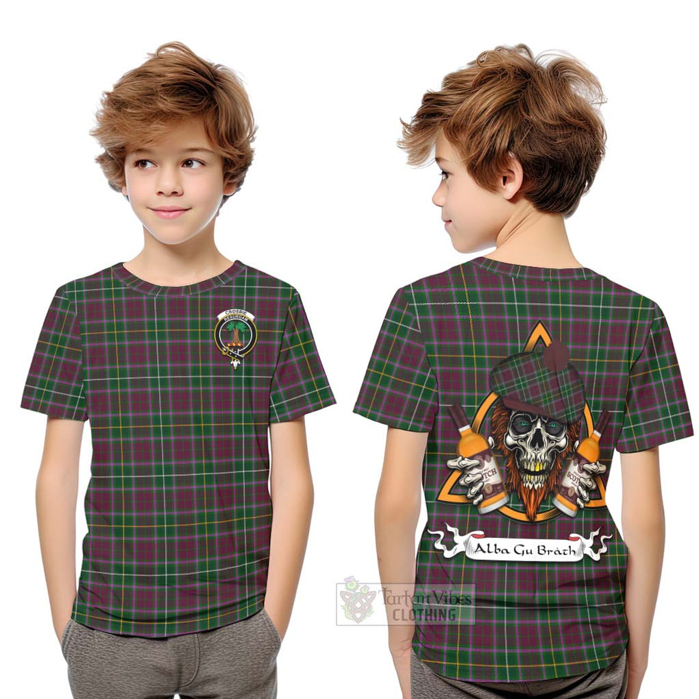 Tartan Vibes Clothing Crosbie Tartan Kid T-Shirt with Family Crest and Bearded Skull Holding Bottles of Whiskey