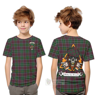 Crosbie Tartan Kid T-Shirt with Family Crest and Bearded Skull Holding Bottles of Whiskey