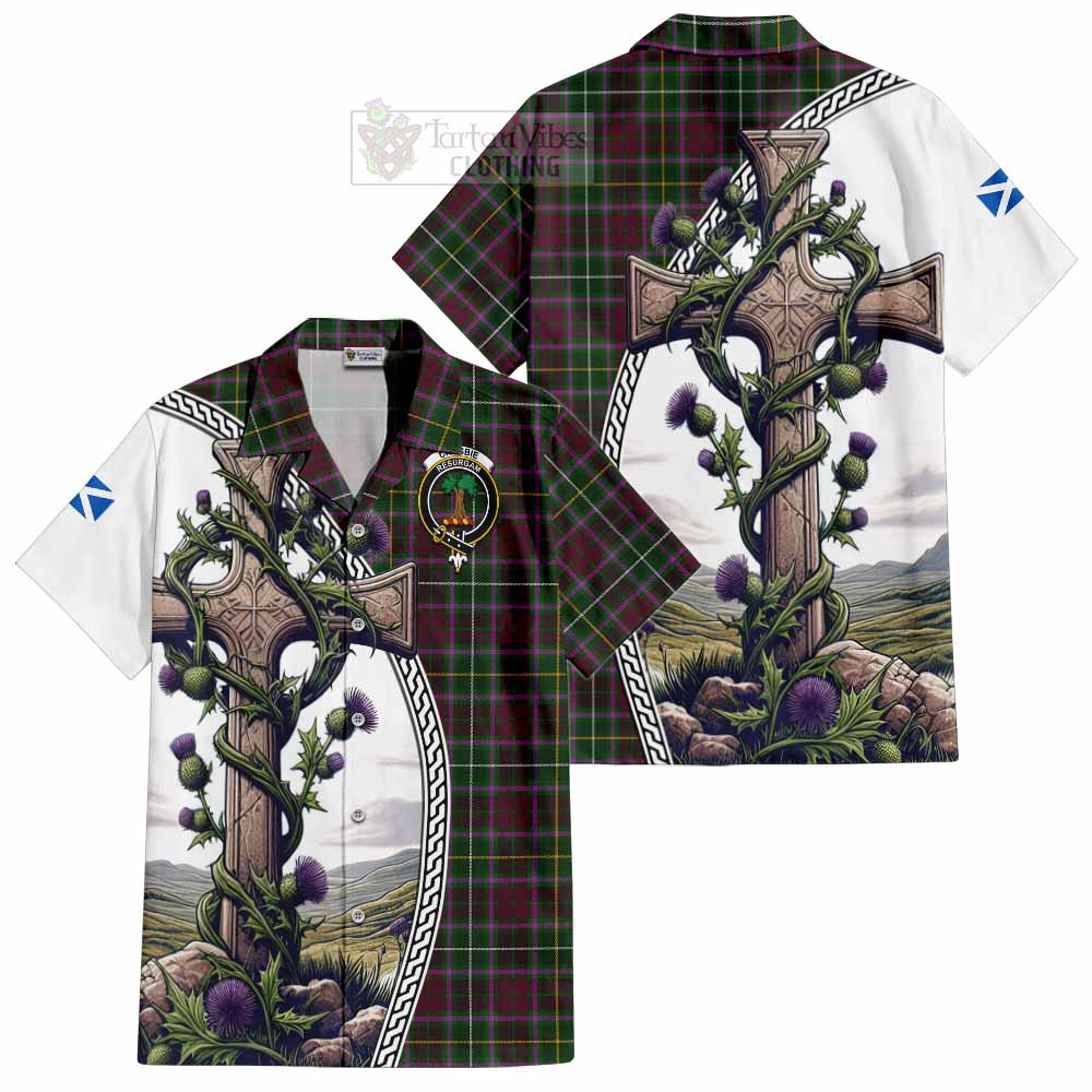 Tartan Vibes Clothing Crosbie Tartan Short Sleeve Button Shirt with Family Crest and St. Andrew's Cross Accented by Thistle Vines