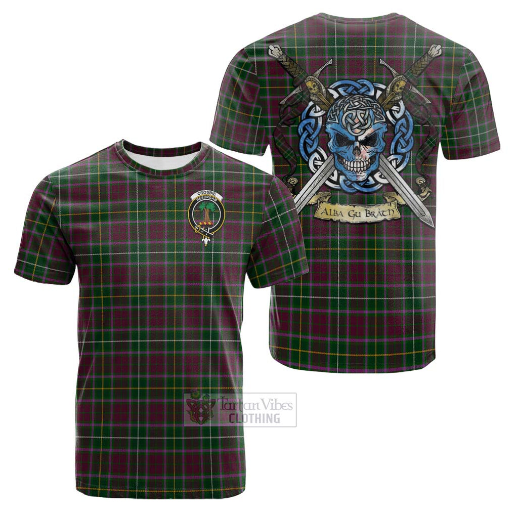 Tartan Vibes Clothing Crosbie Tartan Cotton T-shirt with Family Crest Celtic Skull Style