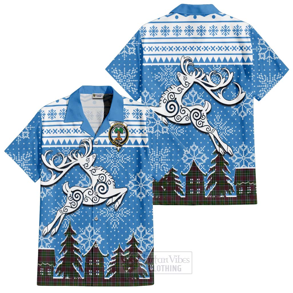 Tartan Vibes Clothing Crosbie Clan Christmas Short Sleeve Button Shirt Celtic Reindeer Style