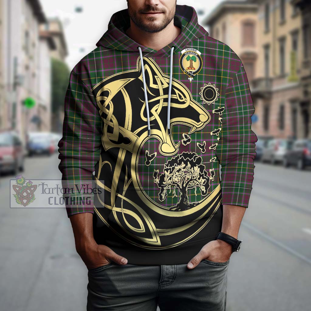 Tartan Vibes Clothing Crosbie Tartan Hoodie with Family Crest Celtic Wolf Style