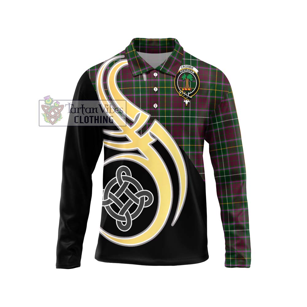 Tartan Vibes Clothing Crosbie Tartan Long Sleeve Polo Shirt with Family Crest and Celtic Symbol Style