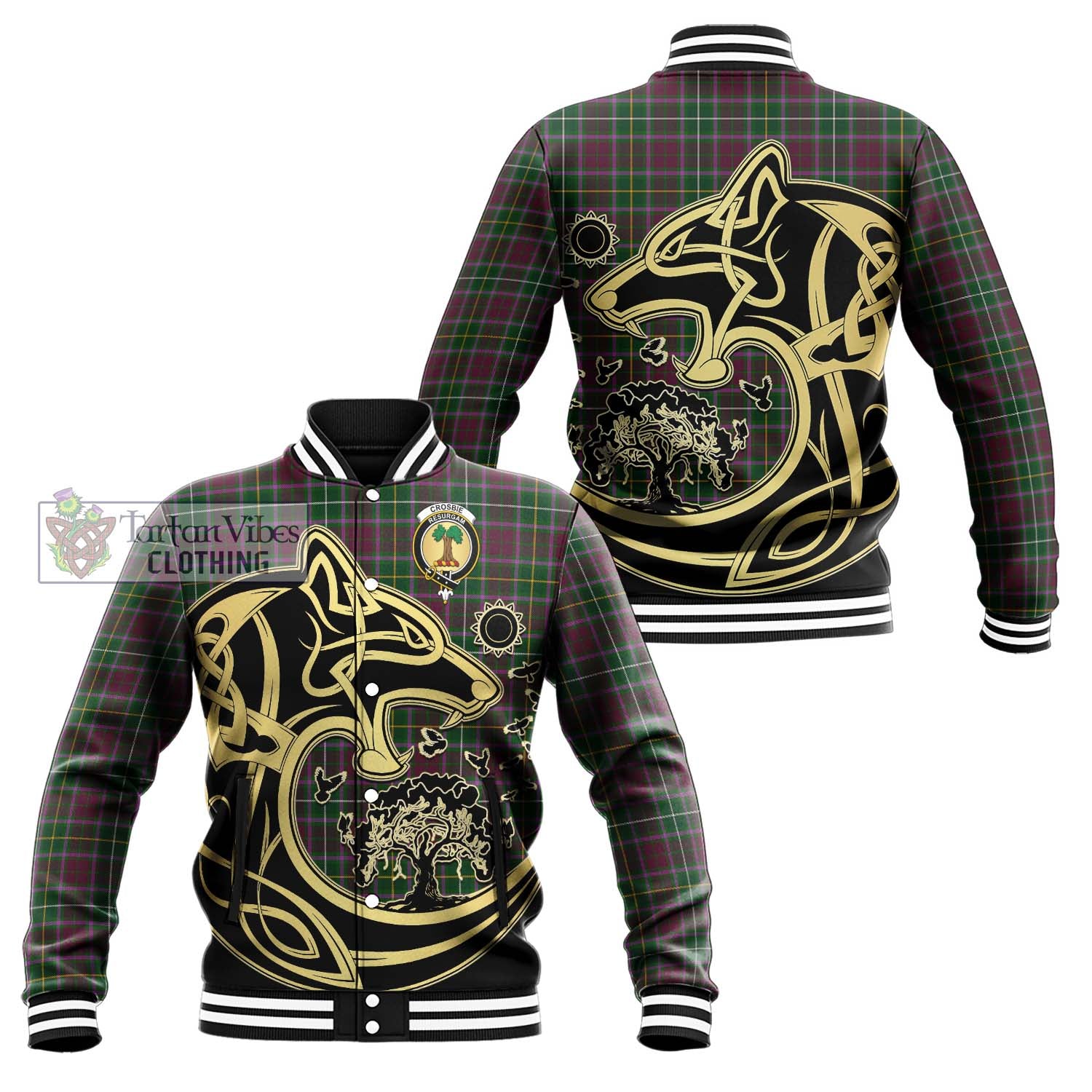 Tartan Vibes Clothing Crosbie Tartan Baseball Jacket with Family Crest Celtic Wolf Style