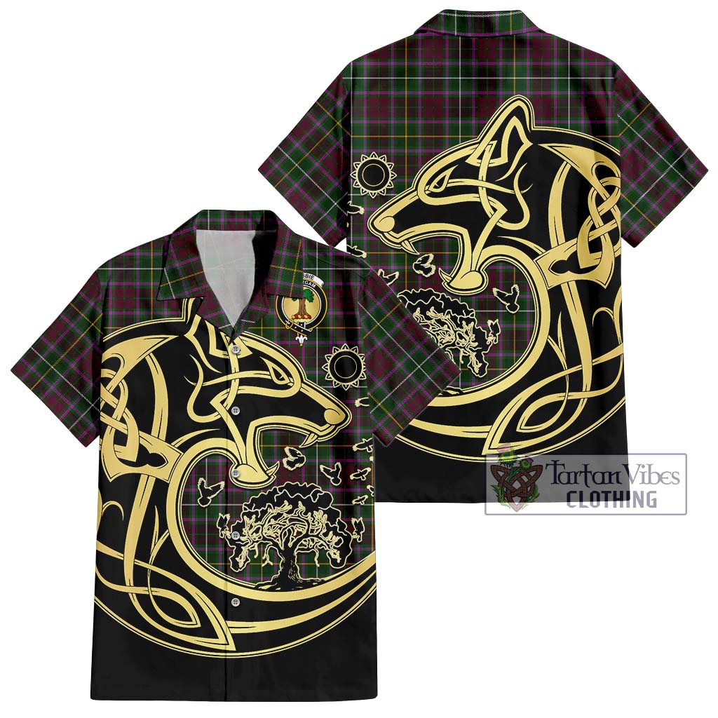 Tartan Vibes Clothing Crosbie Tartan Short Sleeve Button Shirt with Family Crest Celtic Wolf Style