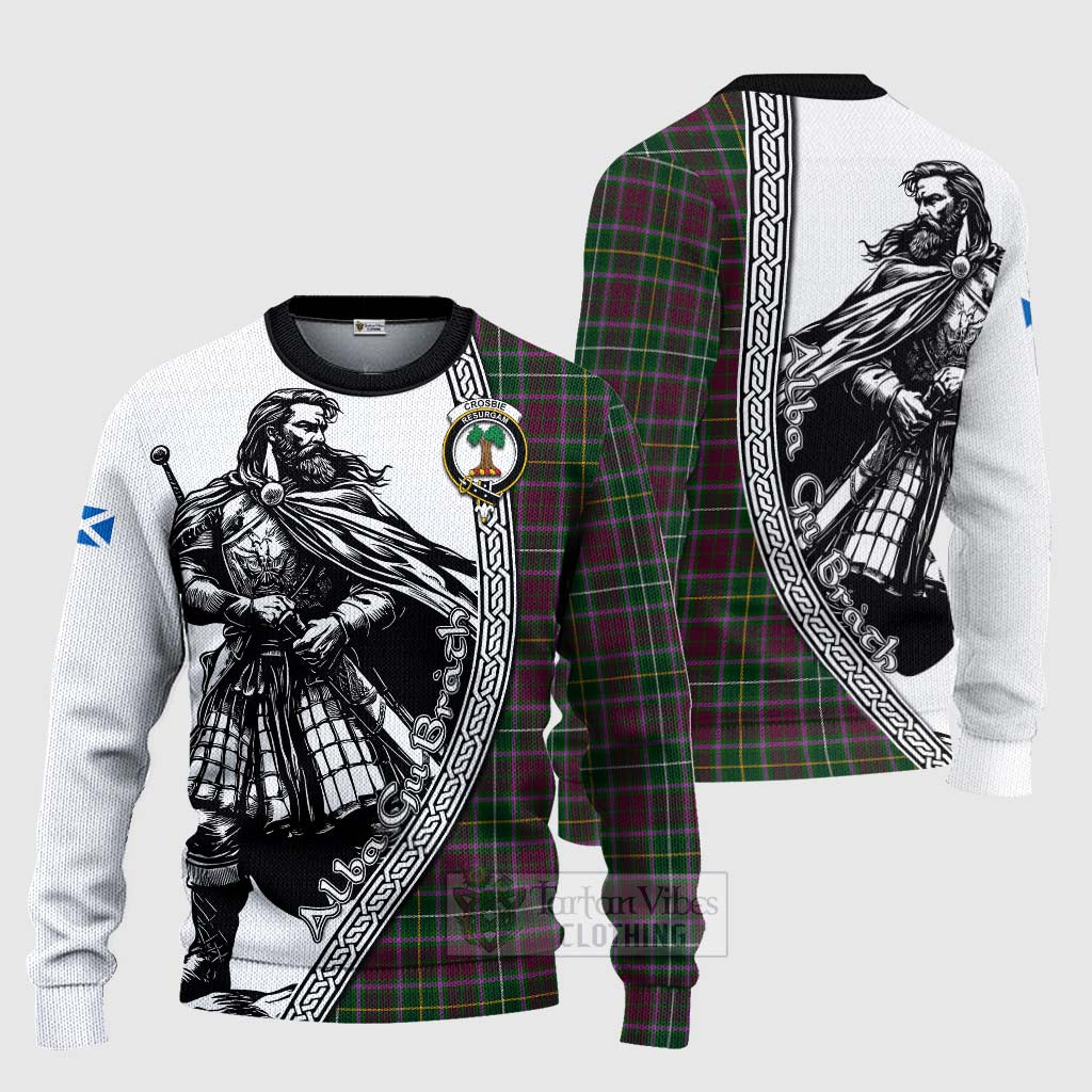 Tartan Vibes Clothing Crosbie Tartan Clan Crest Knitted Sweater with Highlander Warrior Celtic Style