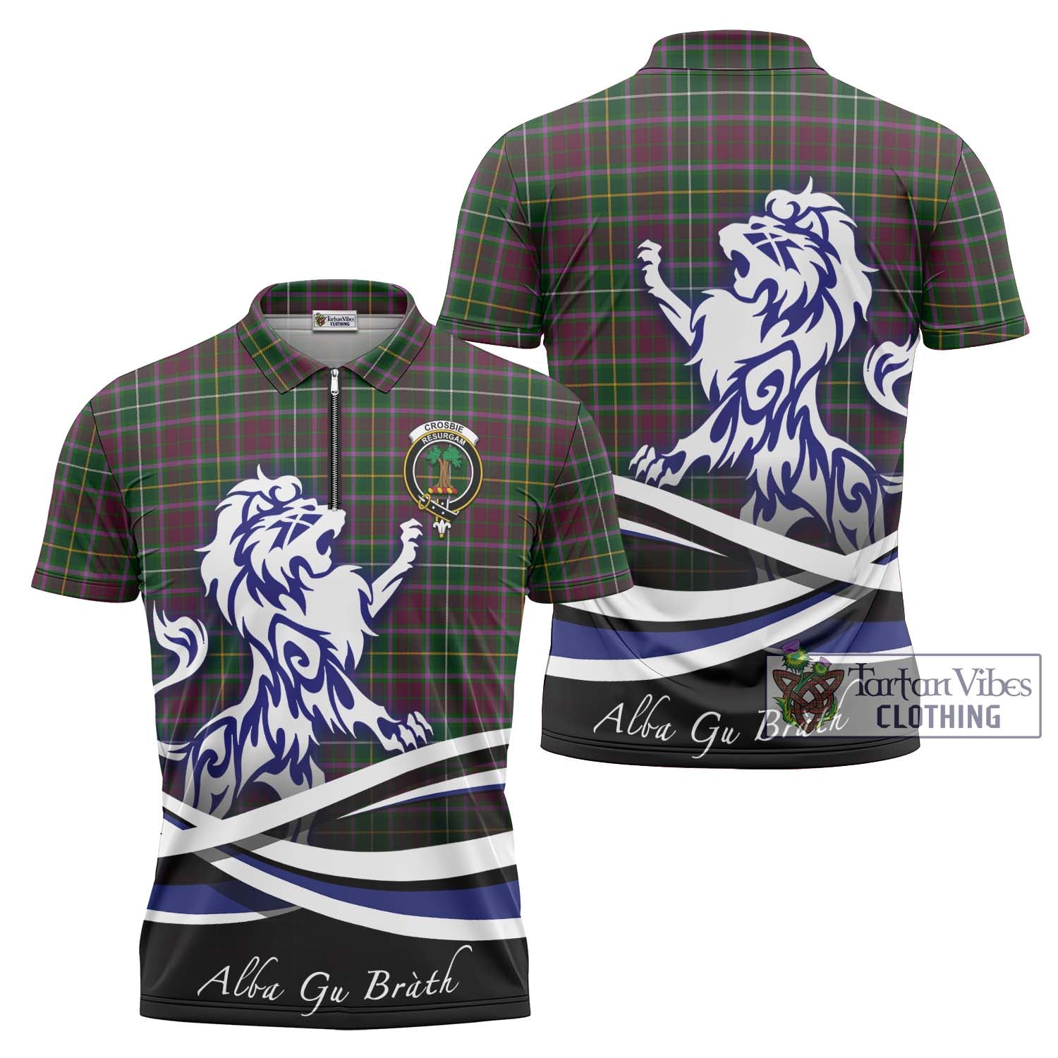 Tartan Vibes Clothing Crosbie Tartan Zipper Polo Shirt with Alba Gu Brath Regal Lion Emblem