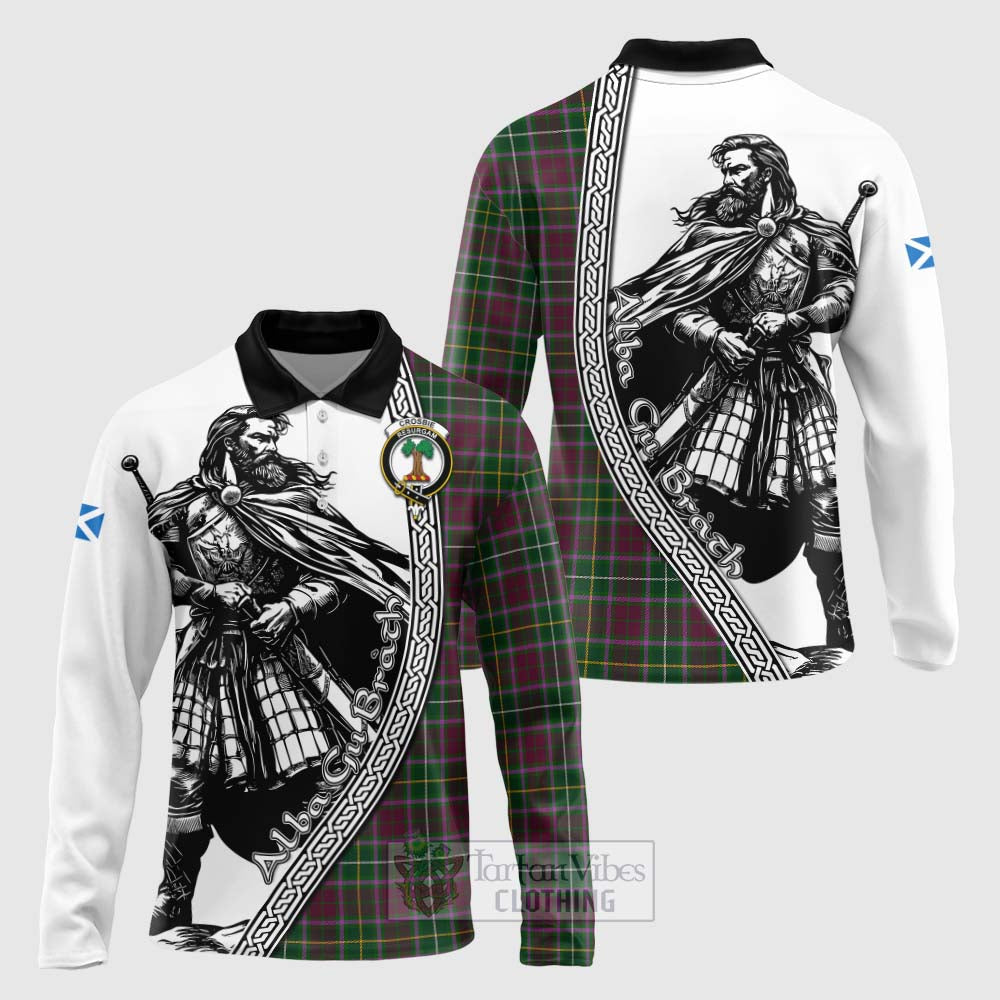 Tartan Vibes Clothing Crosbie Tartan Clan Crest Long Sleeve Polo Shirt with Highlander Warrior Celtic Style