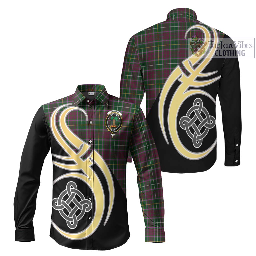 Tartan Vibes Clothing Crosbie Tartan Long Sleeve Button Shirt with Family Crest and Celtic Symbol Style