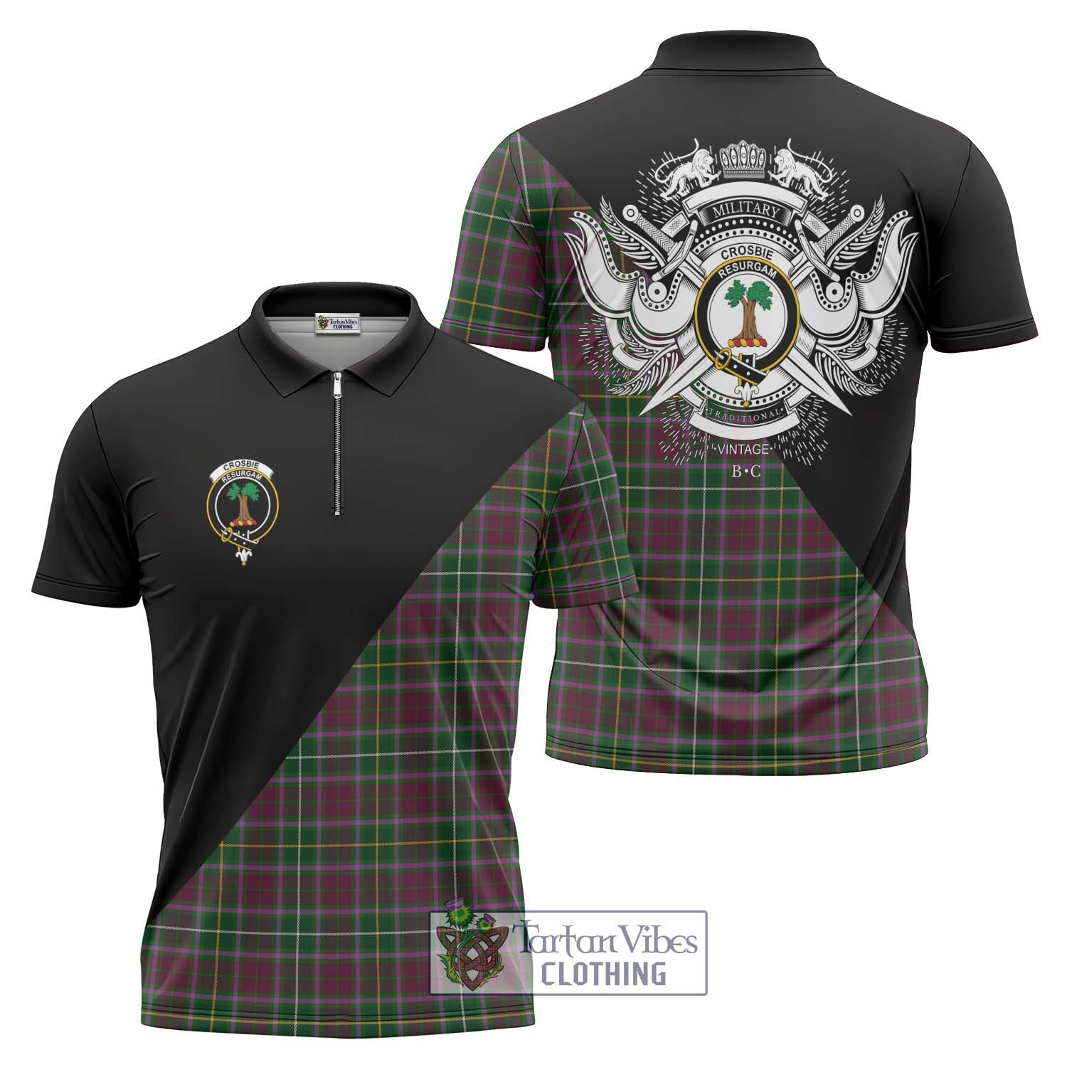 Tartan Vibes Clothing Crosbie Tartan Zipper Polo Shirt with Family Crest and Military Logo Style