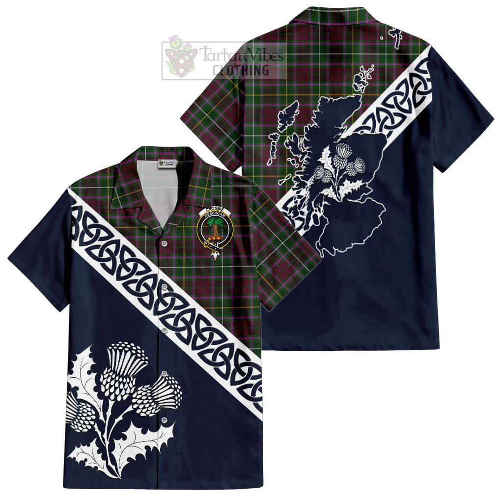 Tartan Vibes Clothing Crosbie Tartan Short Sleeve Button Shirt Featuring Thistle and Scotland Map