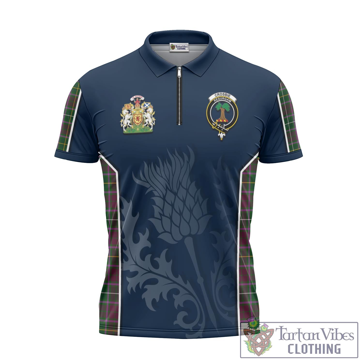 Tartan Vibes Clothing Crosbie Tartan Zipper Polo Shirt with Family Crest and Scottish Thistle Vibes Sport Style