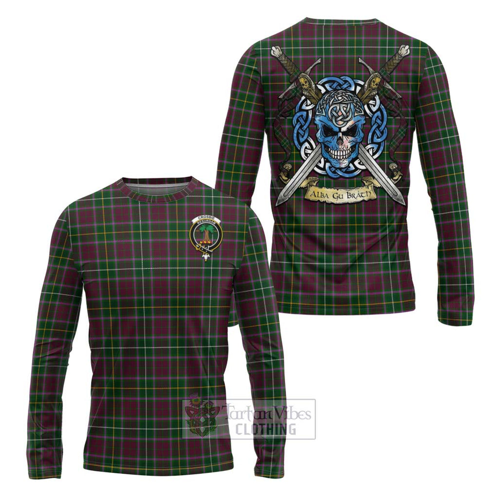 Tartan Vibes Clothing Crosbie Tartan Long Sleeve T-Shirt with Family Crest Celtic Skull Style