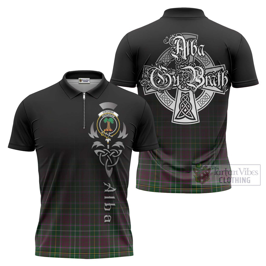 Tartan Vibes Clothing Crosbie Tartan Zipper Polo Shirt Featuring Alba Gu Brath Family Crest Celtic Inspired