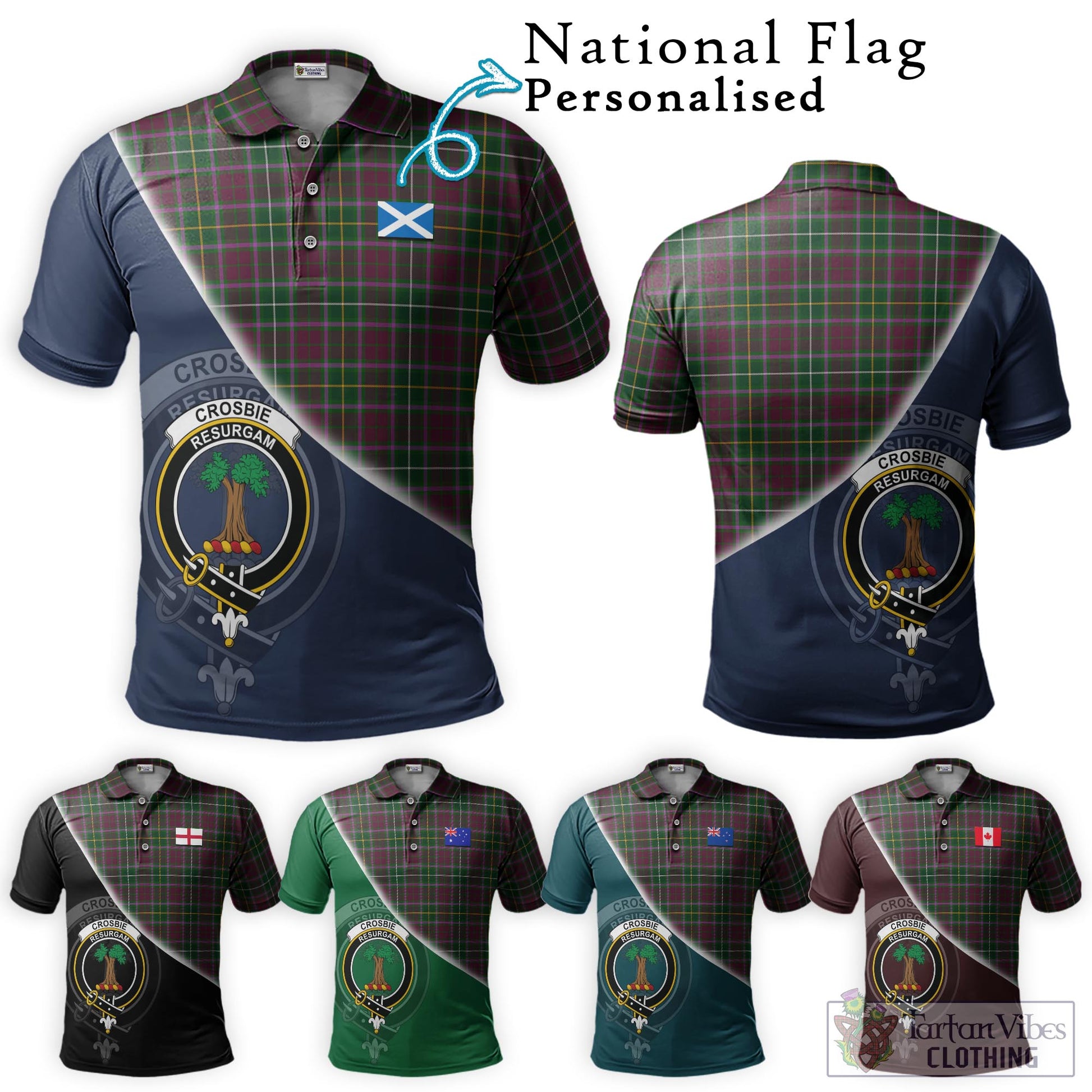 Tartan Vibes Clothing Crosbie Tartan Polo Shirt with Personalised National Flag and Family Crest Half Style