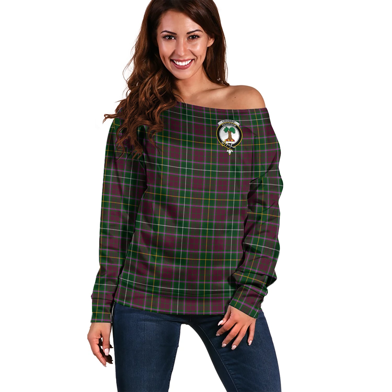 Crosbie Tartan Off Shoulder Women Sweater with Family Crest Women - Tartanvibesclothing