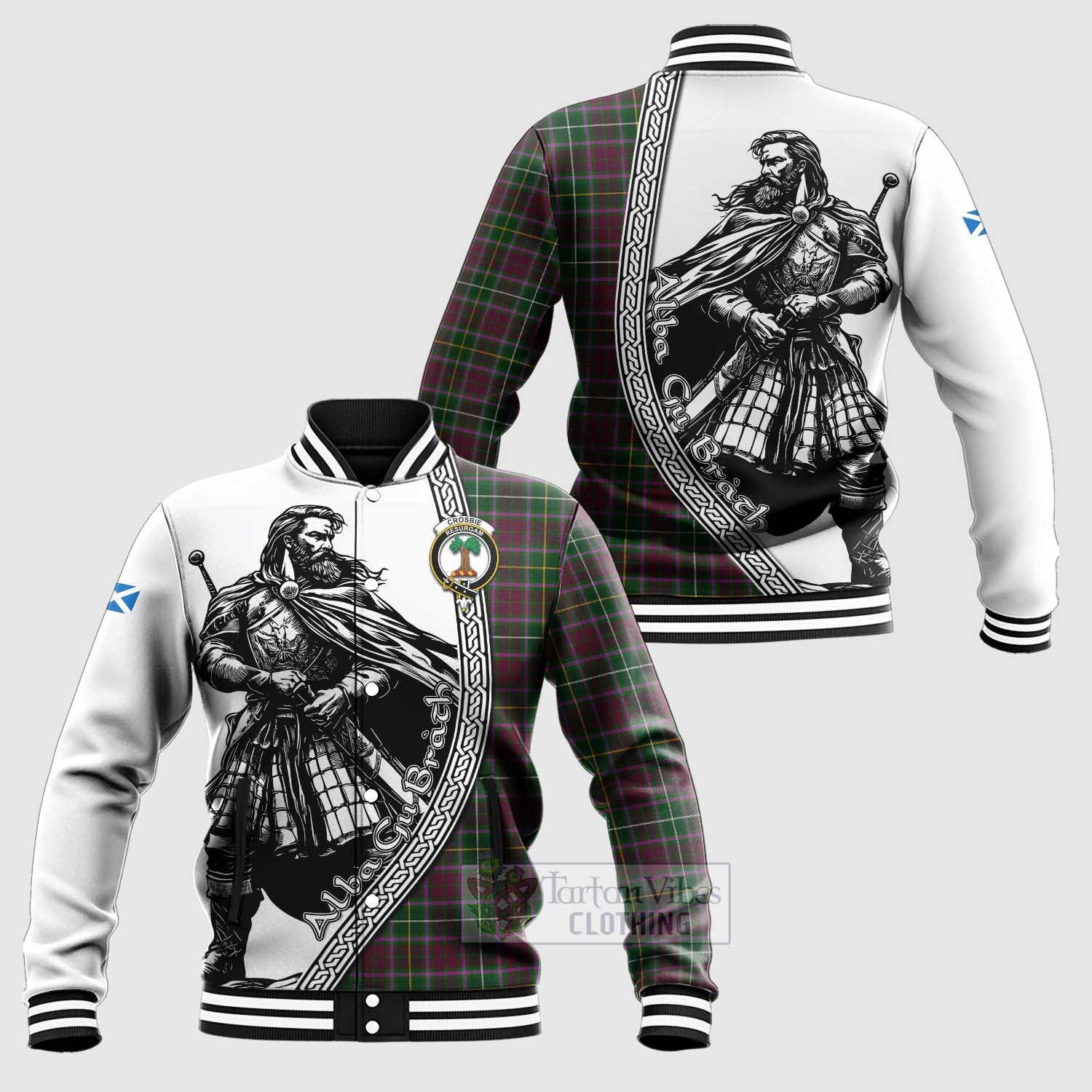 Tartan Vibes Clothing Crosbie Tartan Clan Crest Baseball Jacket with Highlander Warrior Celtic Style