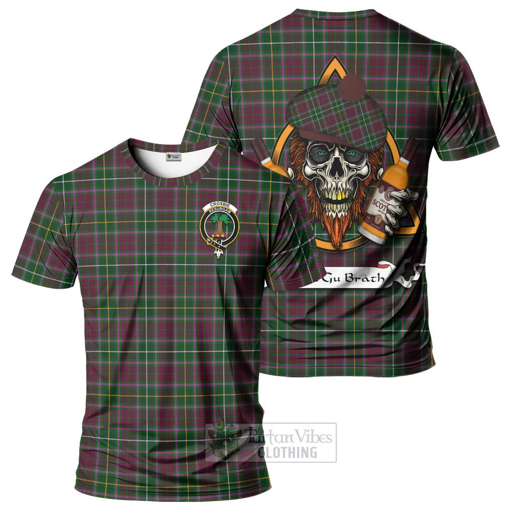 Tartan Vibes Clothing Crosbie Tartan T-Shirt with Family Crest and Bearded Skull Holding Bottles of Whiskey