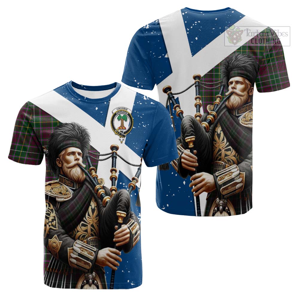 Tartan Vibes Clothing Crosbie Tartan Cotton T-shirt with Family Crest Scottish Bagpiper Vibes