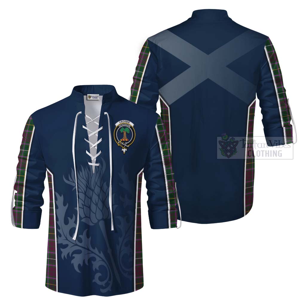 Tartan Vibes Clothing Crosbie Tartan Ghillie Kilt Shirt with Family Crest and Scottish Thistle Vibes Sport Style