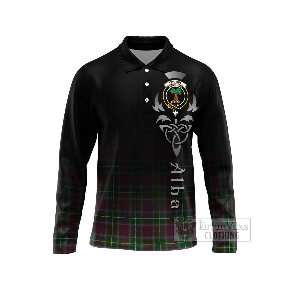 Tartan Vibes Clothing Crosbie Tartan Long Sleeve Polo Shirt Featuring Alba Gu Brath Family Crest Celtic Inspired