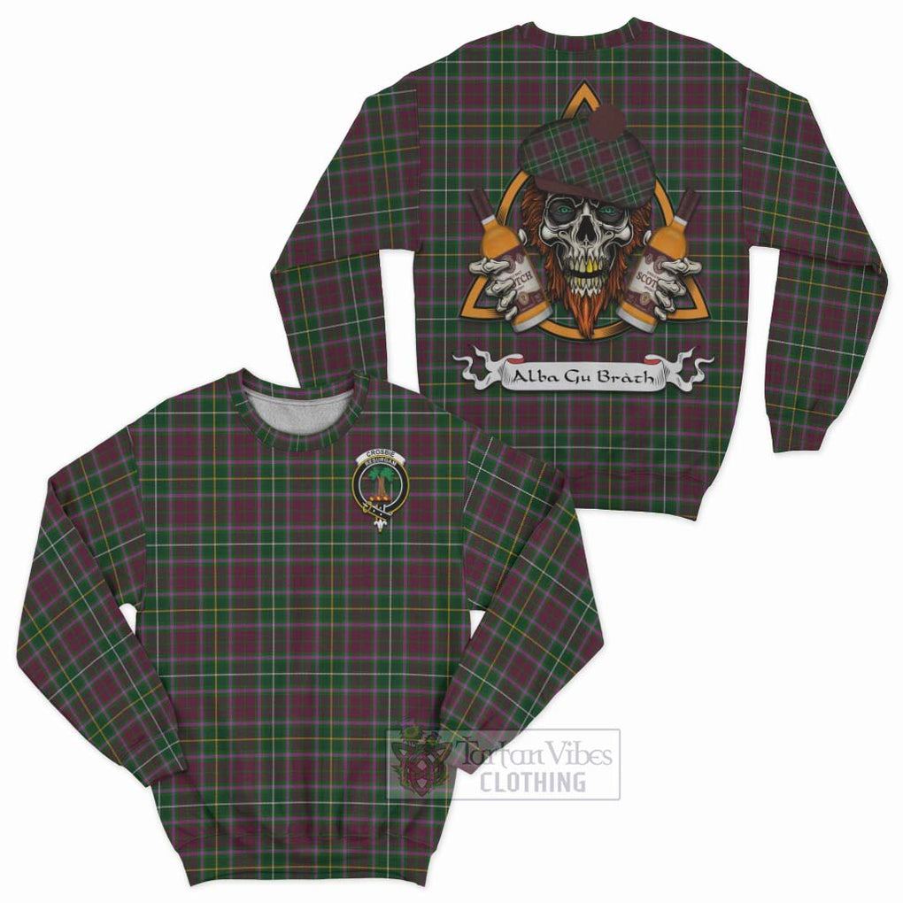 Tartan Vibes Clothing Crosbie Tartan Sweatshirt with Family Crest and Bearded Skull Holding Bottles of Whiskey